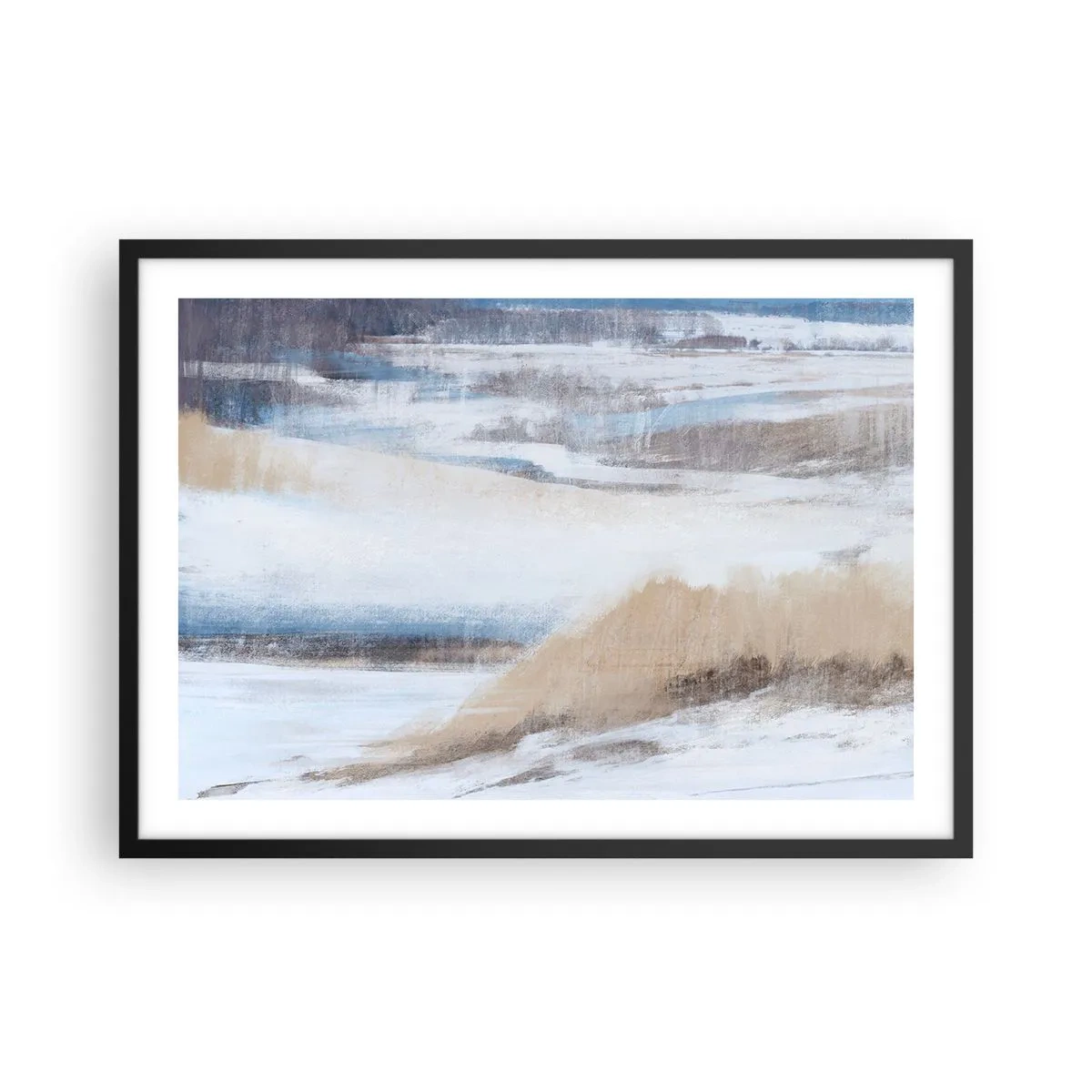 Poster in cornice nera - Paesaggio invernale astratto nei toni del bianco e del blu - 70x50cm - Composizione invernale - Decorazione murale moderna per soggiorno e camera da letto ARTTOR