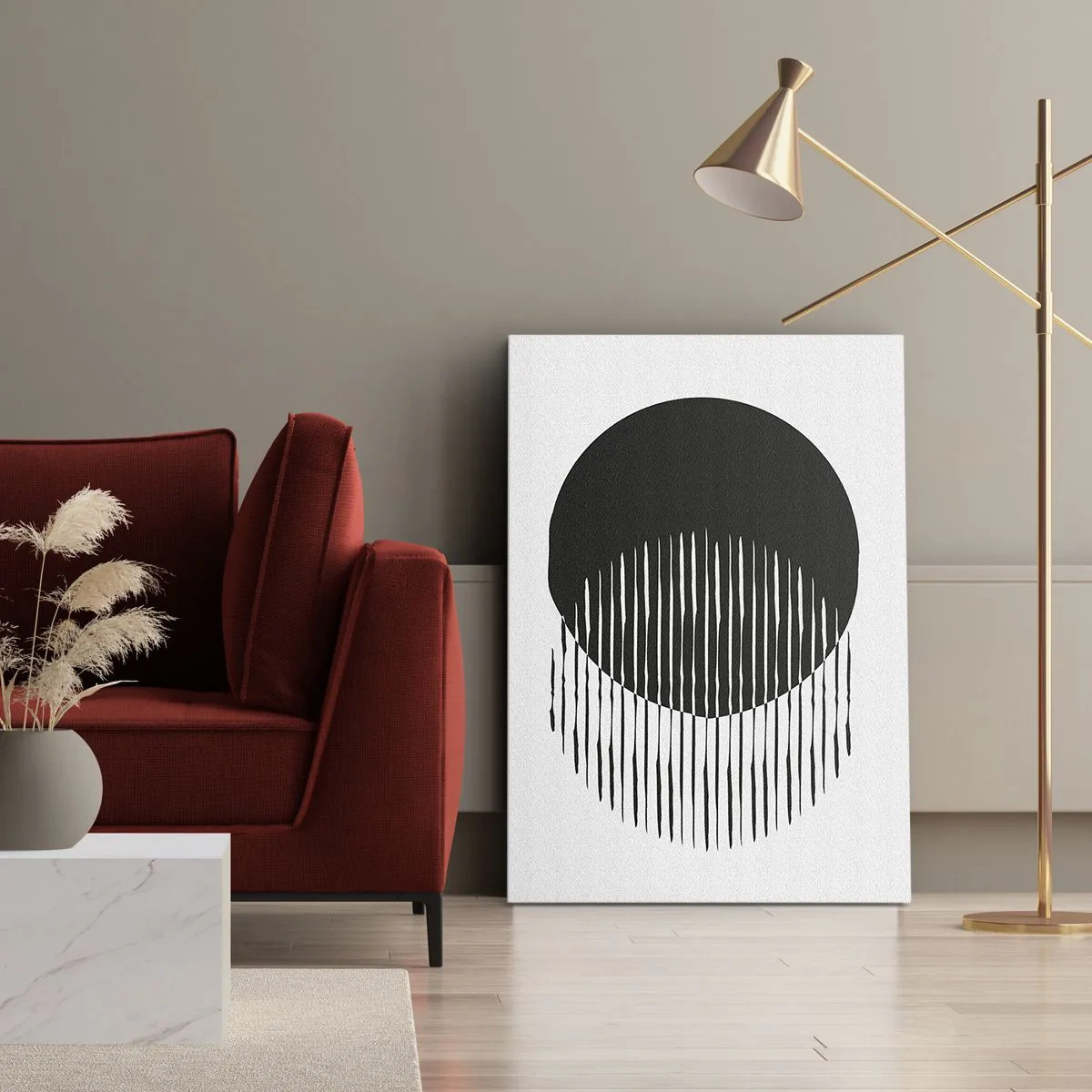 Quadro su tela - Stampe su Tela - Due cerchi sovrapposti con linee bianche e nere - 50x70cm - Il suo alter ego - Decorazione murale moderna per soggiorno e camera da letto ARTTOR