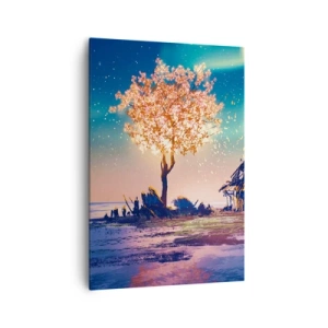 Quadro su tela - Stampe su Tela - Una casa e un albero in fiore sotto il cielo notturno - 70x100cm - La natura non passa - Decorazione murale moderna per soggiorno e camera da letto ARTTOR