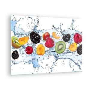 Quadro su vetro - Frutti colorati in acqua su uno sfondo bianco - 70x50cm - Gioca con noi - Decorazione murale moderna per soggiorno e camera da letto ARTTOR