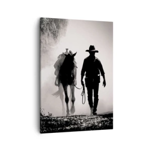 Quadro su tela - Stampe su Tela - Cowboy con cavallo nella nebbia mattutina - 50x70cm - Mattino texano - Decorazione murale moderna per soggiorno e camera da letto ARTTOR