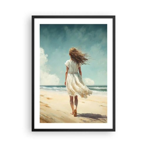 Poster in cornice nera - Una donna in abito bianco che cammina sulla spiaggia in riva al mare - 50x70cm - Dove sole e vento si incontrano - Decorazione murale moderna per soggiorno e camera da letto ARTTOR