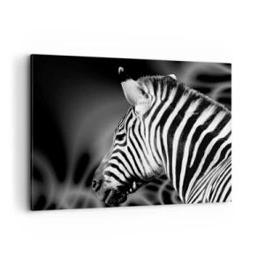 Quadro su tela - Stampe su Tela - Ritratto in bianco e nero di una zebra su uno sfondo di motivi astratti. - 100x70cm - Il bianco è bianco, il nero è nero - Decorazione murale moderna per soggiorno e camera da letto ARTTOR