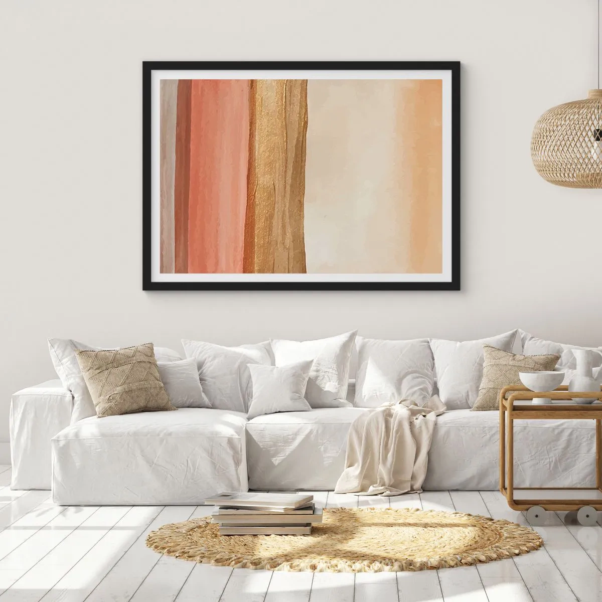 Poster in cornice nera - Strisce astratte nei toni del beige, oro e rosa su tela - 70x50cm - Composizione verticale - Decorazione murale moderna per soggiorno e camera da letto ARTTOR