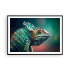 Poster in cornice nera - Primo piano di un camaleonte dai colori intensi - 100x70cm - Mi vedi? Non va bene... - Decorazione murale moderna per soggiorno e camera da letto ARTTOR