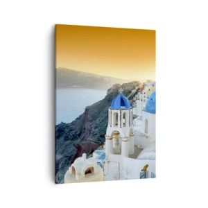 Quadro su tela - Stampe su Tela - Vista di Santorini con edifici bianchi e mare blu - 50x70cm - Santorini: aggrappate alle rocce - Decorazione murale moderna per soggiorno e camera da letto ARTTOR