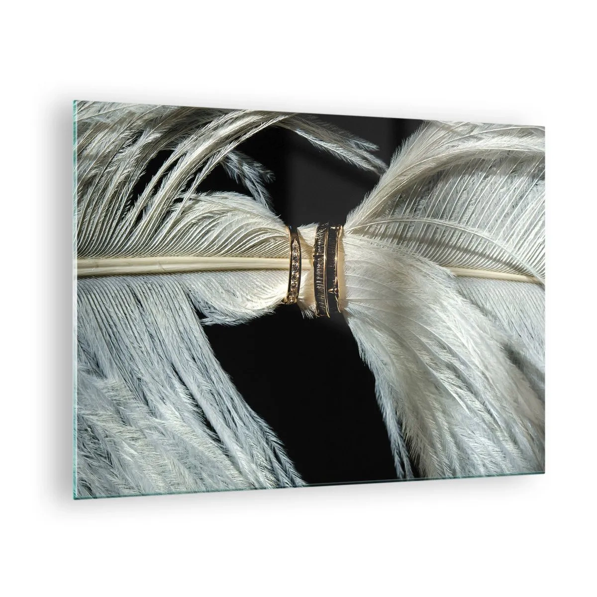 Quadro su vetro - Primo piano di fedi nuziali su piume bianche su sfondo nero - 70x50cm - ...e non ti lascerò... - Decorazione murale moderna per soggiorno e camera da letto ARTTOR