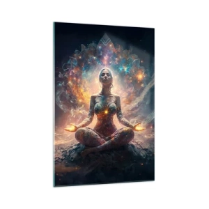 Quadro su vetro - Una figura in meditazione circondata da motivi e colori energetici. - 70x100cm - Un flusso di energia buona - Decorazione murale moderna per soggiorno e camera da letto ARTTOR