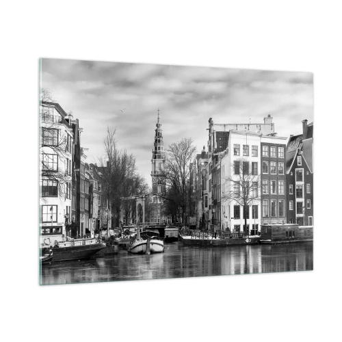 Quadro su vetro - Vista in bianco e nero di un canale di Amsterdam - 100x70cm - Atmosfera di Amsterdam - Decorazione murale moderna per soggiorno e camera da letto ARTTOR