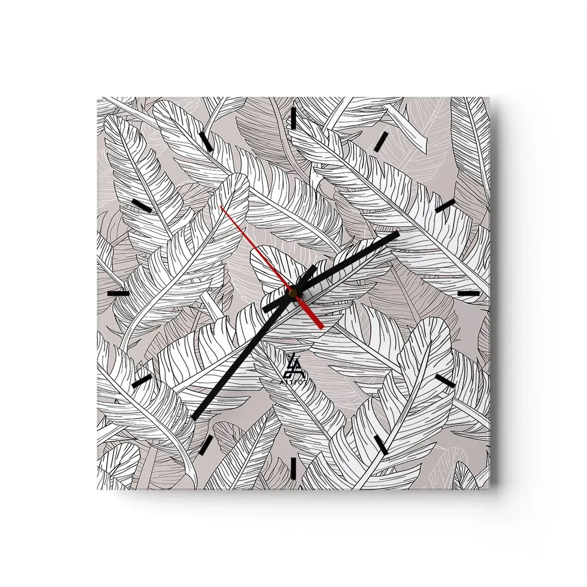 Orologio da parete - Orologio in Vetro - Motivo in bianco e nero con foglie di banano su sfondo chiaro - 30x30cm - Vortice di piume - Decorazione murale moderna per soggiorno e camera da letto ARTTOR