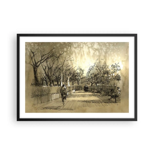 Poster in cornice nera - Una scena di cartone animato di un parco con persone che camminano in toni caldi. - 70x50cm - Attimo fermato con la penna - Decorazione murale moderna per soggiorno e camera da letto ARTTOR