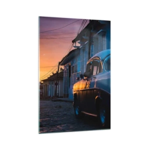 Quadro su vetro - Auto e bicicletta retrò sulla strada alla luce del sole al tramonto - 70x100cm - Qui il tempo rallenta - Decorazione murale moderna per soggiorno e camera da letto ARTTOR