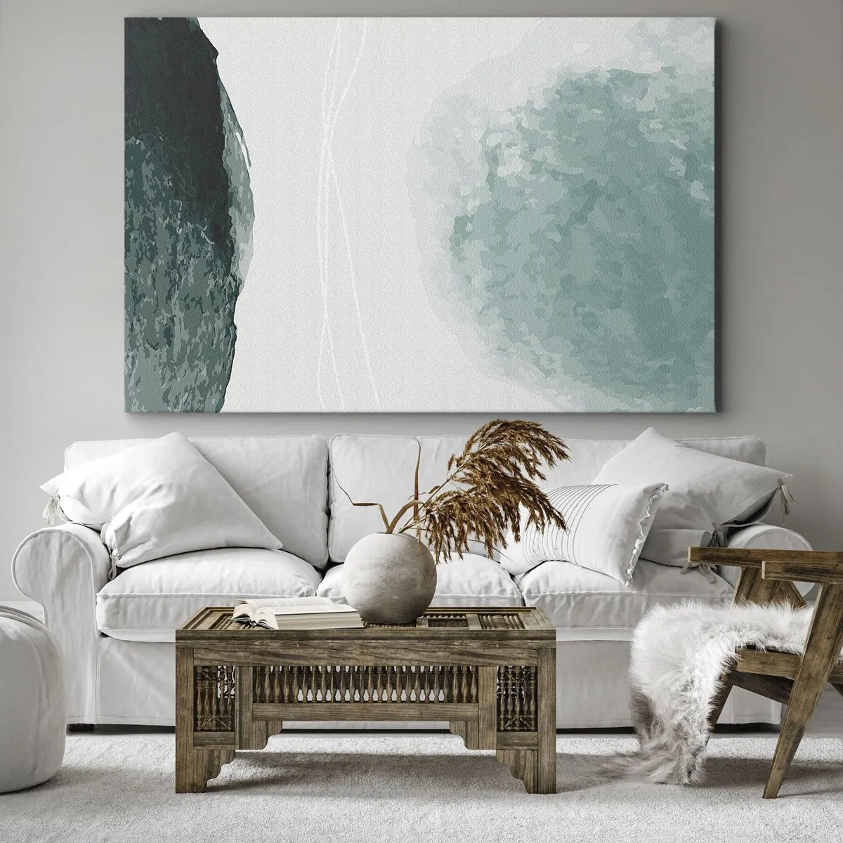 Quadro su tela - Stampe su Tela - Una delicata composizione astratta nelle tonalità del verde, con forme delicate su uno sfondo chiaro. - 100x70cm - Incontro con la nebbia - Decorazione murale moderna per soggiorno e camera da letto ARTTOR