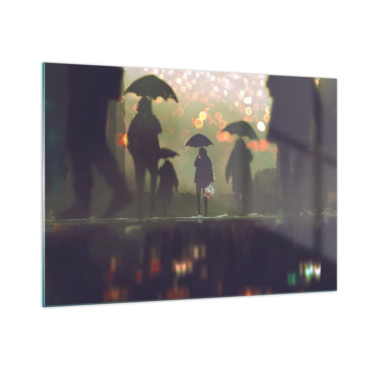 Quadro su vetro - Figure con ombrelli sotto la pioggia sullo sfondo delle luci della città - 100x70cm - Dalla prospettiva di una goccia di pioggia - Decorazione murale moderna per soggiorno e camera da letto ARTTOR