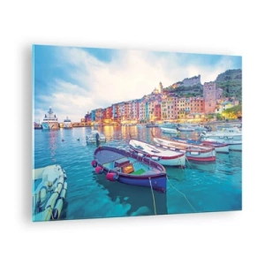 Quadro su vetro - Vista serale delle Cinque Terre con i suoi edifici colorati - 70x50cm - Sera colorata nel porto - Decorazione murale moderna per soggiorno e camera da letto ARTTOR