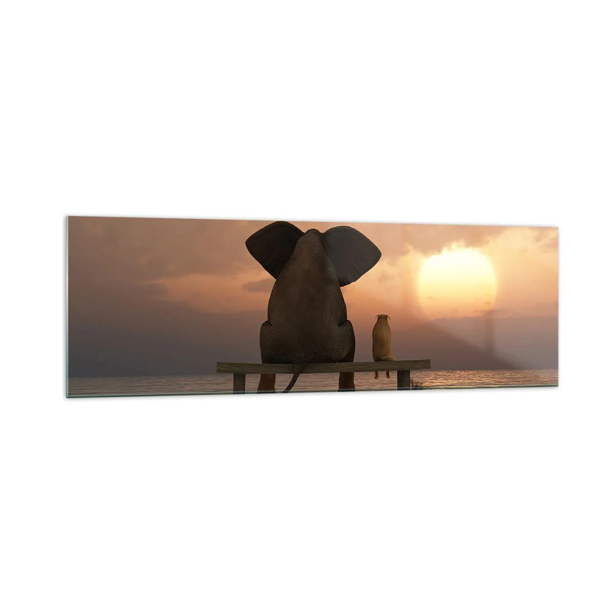 Quadro su vetro - Un elefante e un cane sono seduti su una panchina sulla spiaggia durante il tramonto. - 160x50cm - A volte bisogna tacere - Decorazione murale moderna per soggiorno e camera da letto ARTTOR
