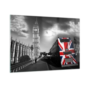 Quadro su vetro - Il Big Ben e un autobus con la bandiera britannica - 100x70cm - Orgogliosa e grande - Decorazione murale moderna per soggiorno e camera da letto ARTTOR
