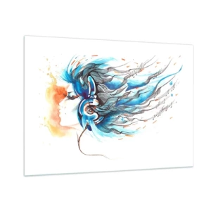 Quadro su vetro - Una donna con i capelli blu e le cuffie, in un'espressione musicale - 100x70cm - Che suoni la musica - Decorazione murale moderna per soggiorno e camera da letto ARTTOR