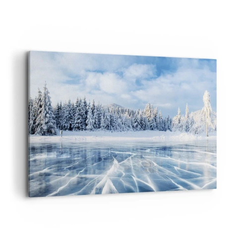 Quadro su tela - Stampe su Tela - Un lago ghiacciato circondato da una foresta innevata - 100x70cm - Vista lucente e cristallina - Decorazione murale moderna per soggiorno e camera da letto ARTTOR