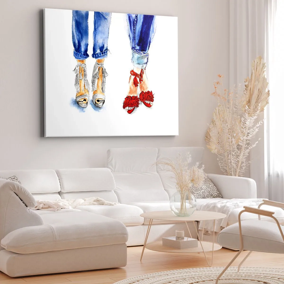 Quadro su tela - Stampe su Tela - Illustrazione di due paia di scarpe con sandali eleganti e jeans - 100x70cm - Facciamo una passeggiata? - Decorazione murale moderna per soggiorno e camera da letto ARTTOR