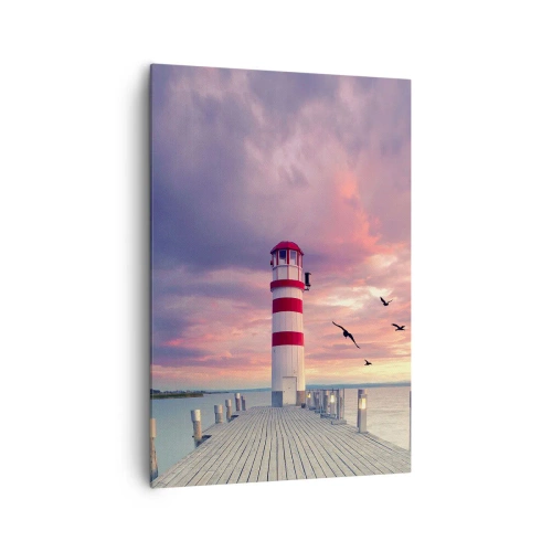 Quadro su tela - Stampe su Tela - Un faro sul molo circondato da un pittoresco tramonto - 70x100cm - Tempo di tornare in porto - Decorazione murale moderna per soggiorno e camera da letto ARTTOR