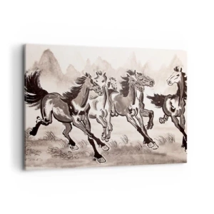 Quadro su tela - Stampe su Tela - Grafica dinamica di cavalli al galoppo in stile orientale - 100x70cm - Al galoppo con gioia - Decorazione murale moderna per soggiorno e camera da letto ARTTOR