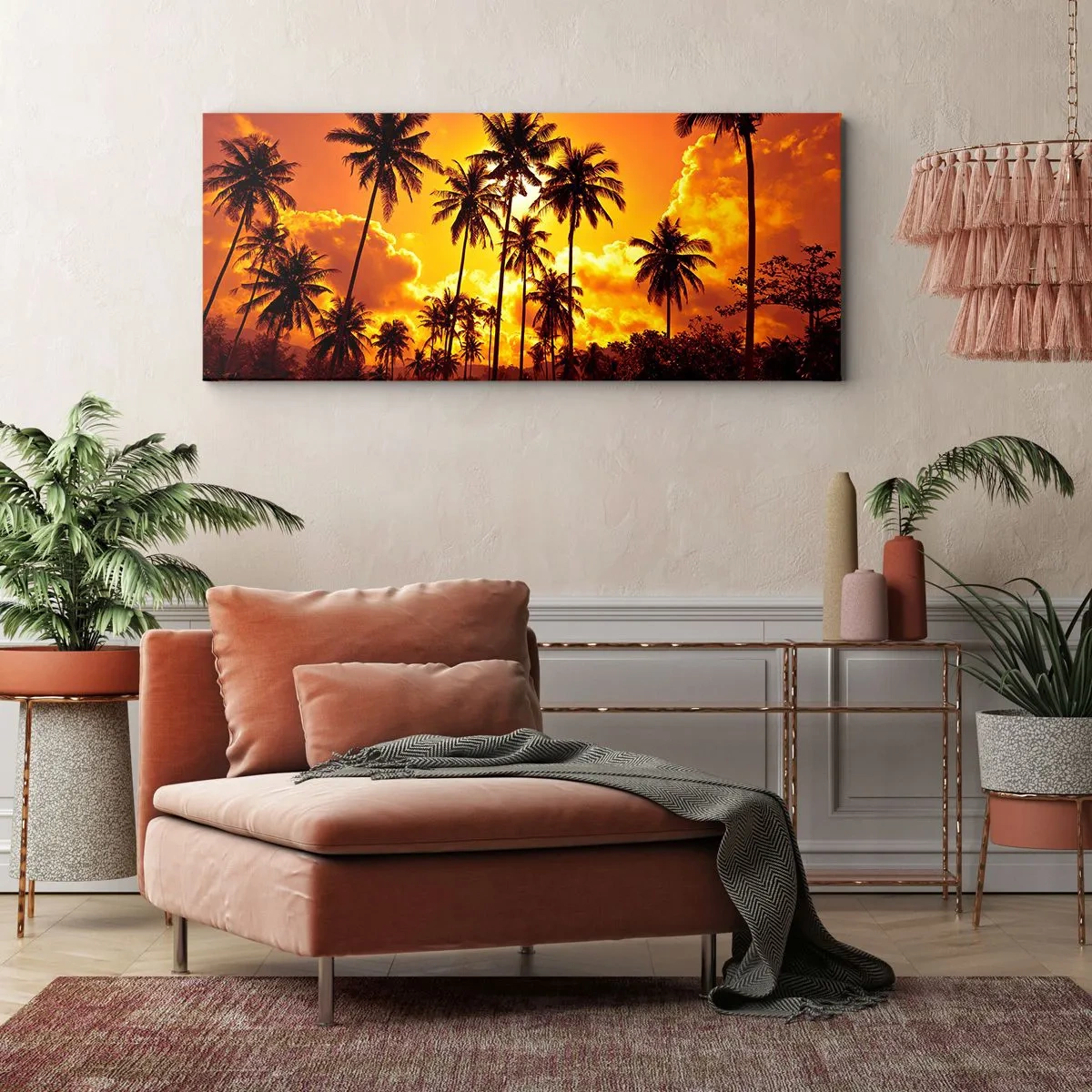 Quadro su tela - Stampe su Tela - Palme contro un cielo dorato durante un tramonto tropicale - 120x50cm - Bruciano i monti, bruciano i boschi - Decorazione murale moderna per soggiorno e camera da letto ARTTOR