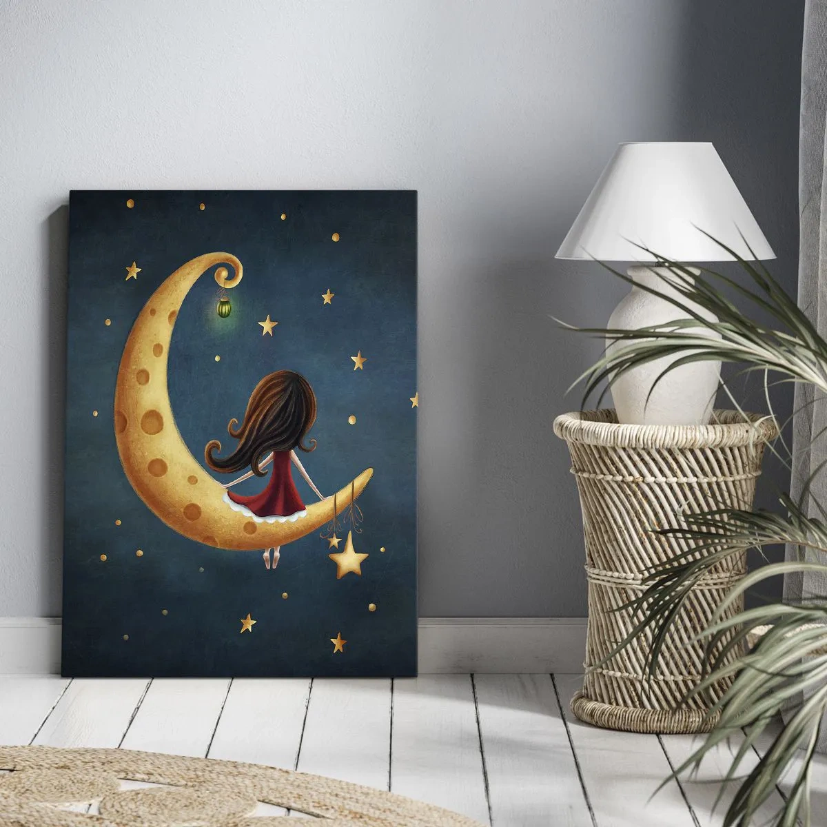 Quadro su tela - Stampe su Tela - Una ragazza sulla luna circondata dalle stelle - 50x70cm - Una volta... - Decorazione murale moderna per soggiorno e camera da letto ARTTOR