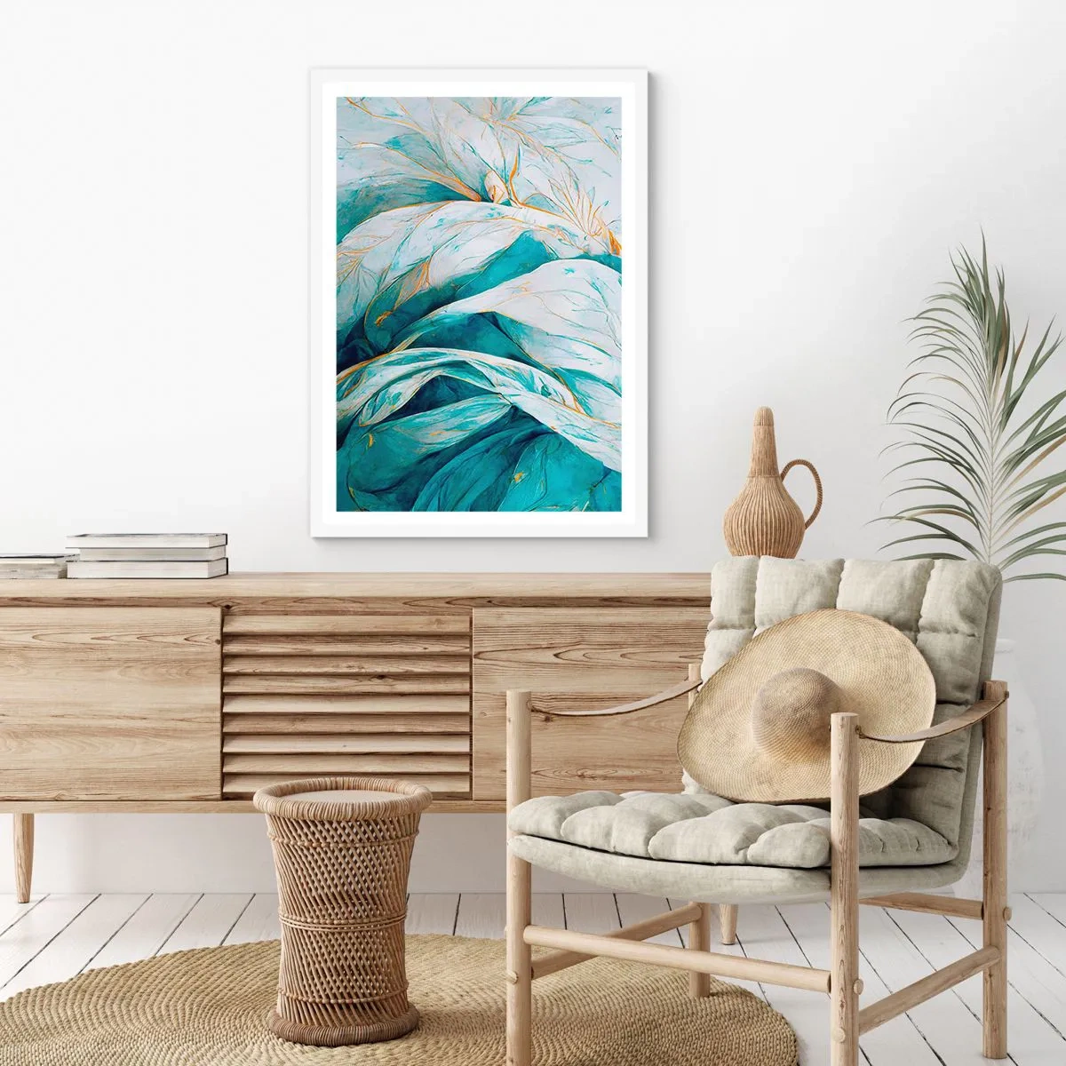 Poster in cornice bianca - Astrazione blu con motivi d'oro - 70x100 cm