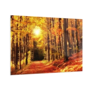 Quadro su vetro - Foresta autunnale immersa nella luce dorata del sole - 100x70cm - Autunno dorato nella via nel bosco - Decorazione murale moderna per soggiorno e camera da letto ARTTOR