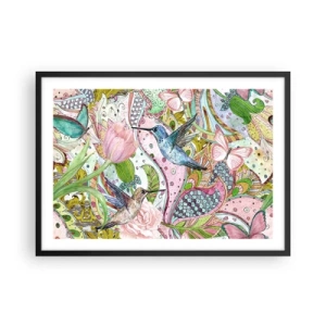 Poster in cornice nera - Colibrì e farfalle colorati tra le piante - 70x50cm - Intrecciate nei rami - Decorazione murale moderna per soggiorno e camera da letto ARTTOR