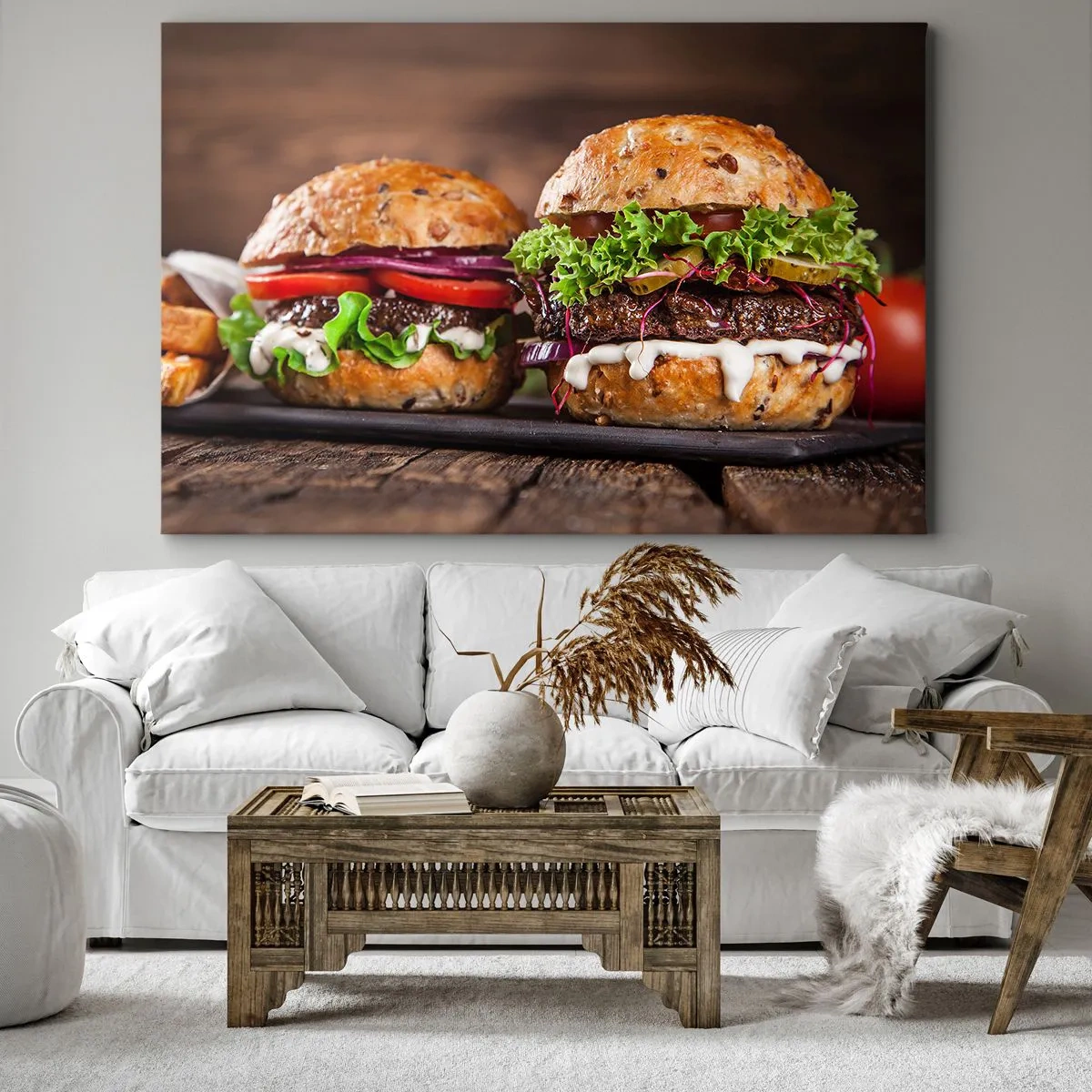 Quadro su tela - Stampe su Tela - Appetitosi hamburger con verdure e salsa - 120x80cm - American dream - Decorazione murale moderna per soggiorno e camera da letto ARTTOR