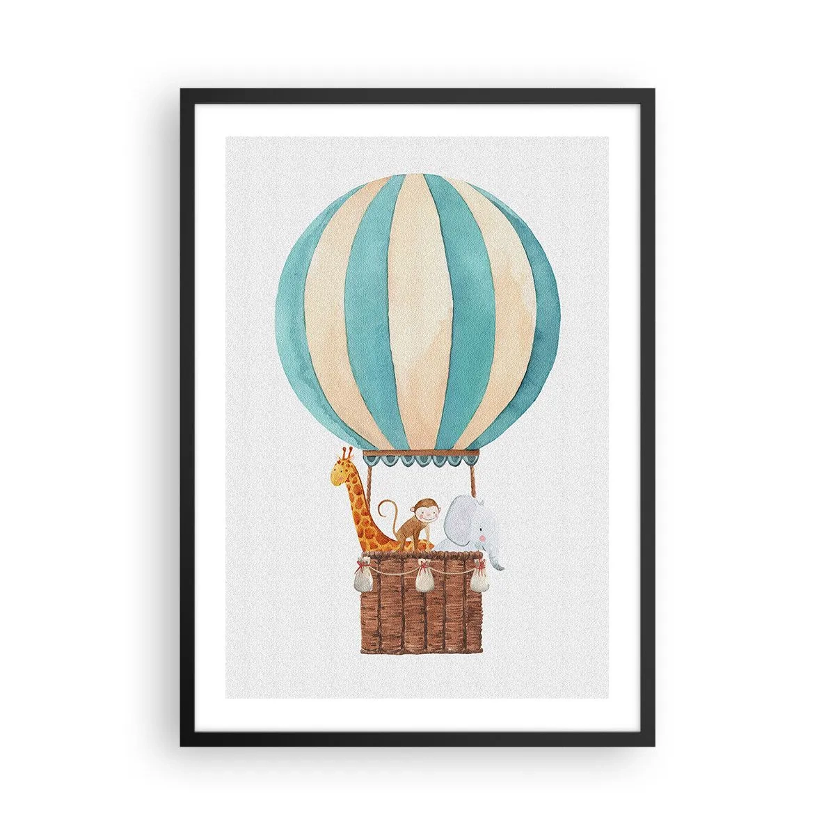 Poster in cornice nera - Illustrazione ad acquerello di una mongolfiera con simpatici animali - 50x70cm - Una gita fantastica - Decorazione murale moderna per soggiorno e camera da letto ARTTOR
