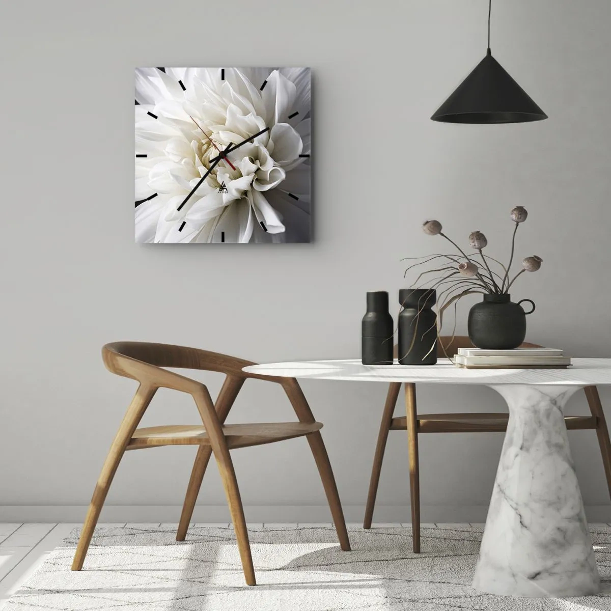 Orologio da parete - Orologio in Vetro - Un delicato fiore bianco su sfondo nero in una composizione elegante - 30x30cm - Il mattino della sposa - Decorazione murale moderna per soggiorno e camera da letto ARTTOR