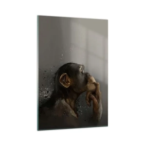 Quadro su vetro - Ritratto di una scimmia in posa riflessiva su uno sfondo grigio - 80x120cm - Sicuramente un pensatore - Decorazione murale moderna per soggiorno e camera da letto ARTTOR