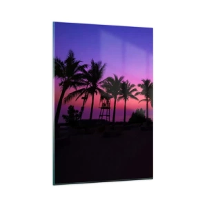 Quadro su vetro - Silhouette di palme contro un cielo al tramonto rosa-viola - 80x120cm - Sera sotto le palme - Decorazione murale moderna per soggiorno e camera da letto ARTTOR