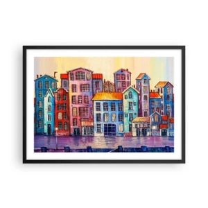 Poster in cornice nera - Case popolari colorate in riva all'acqua in stile artistico - 70x50cm - Una città da favola - Decorazione murale moderna per soggiorno e camera da letto ARTTOR