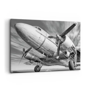 Quadro su tela - Stampe su Tela - Immagine in bianco e nero di un aereo classico con dettagli strutturali visibili. - 100x70cm - Sempre pronto al volo - Decorazione murale moderna per soggiorno e camera da letto ARTTOR