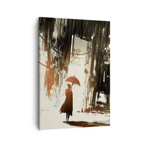 Quadro su tela - Stampe su Tela - Una figura rossa con un ombrello in una scena piovosa - 50x70cm - La poesia dell'ombrello rosso - Decorazione murale moderna per soggiorno e camera da letto ARTTOR