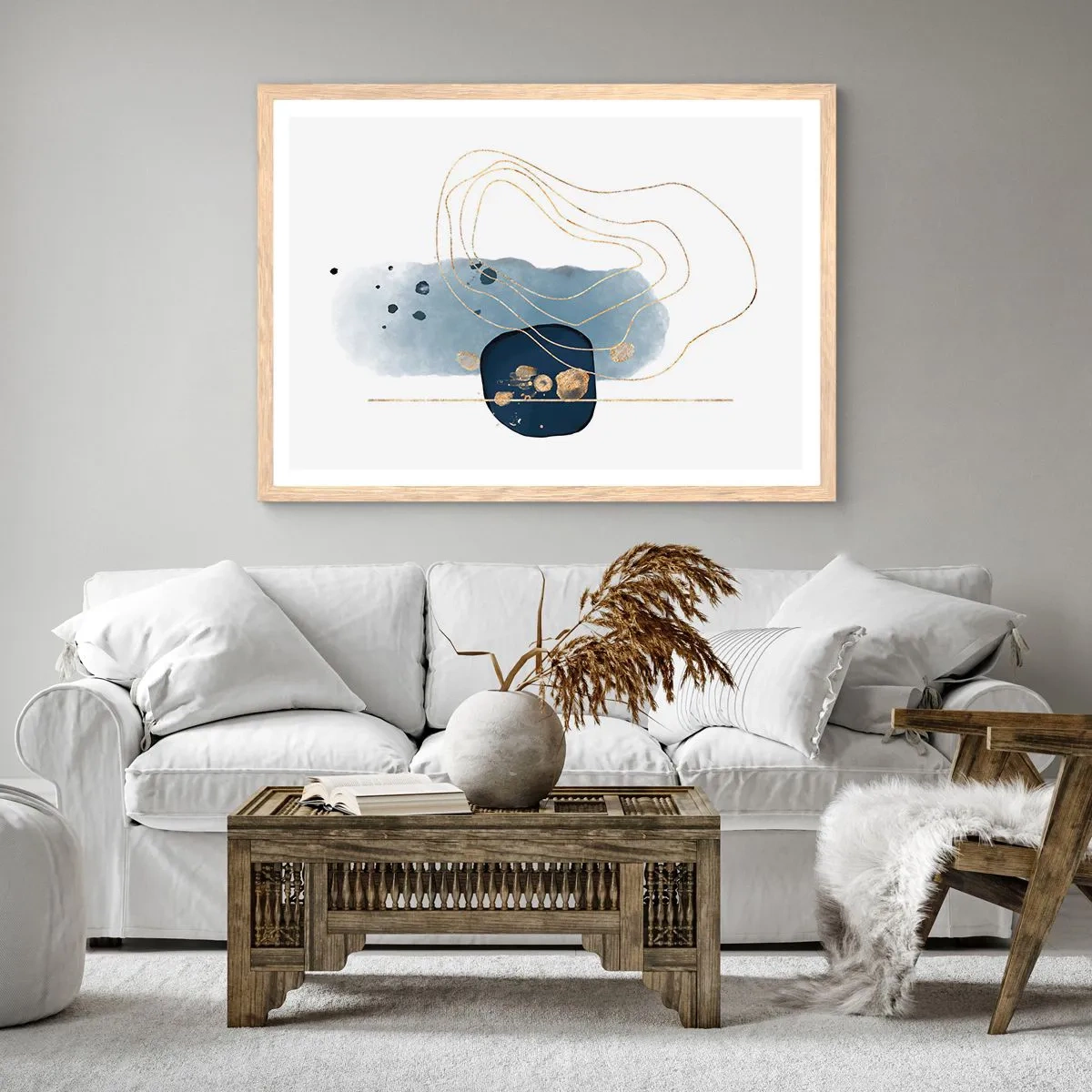 Poster in cornice rovere chiaro - Fantasia blu e oro - 91x61 cm