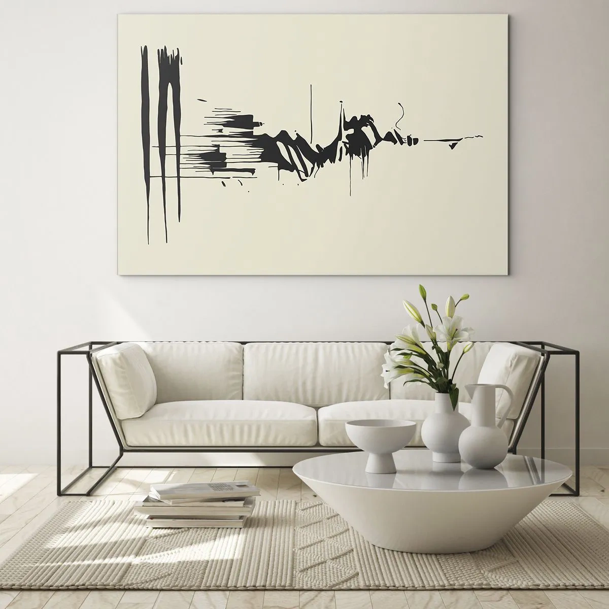 Quadro su vetro - Linee e punti neri dinamici su uno sfondo chiaro in stile astratto. - 70x50cm - Astrazione frettolosa - Decorazione murale moderna per soggiorno e camera da letto ARTTOR