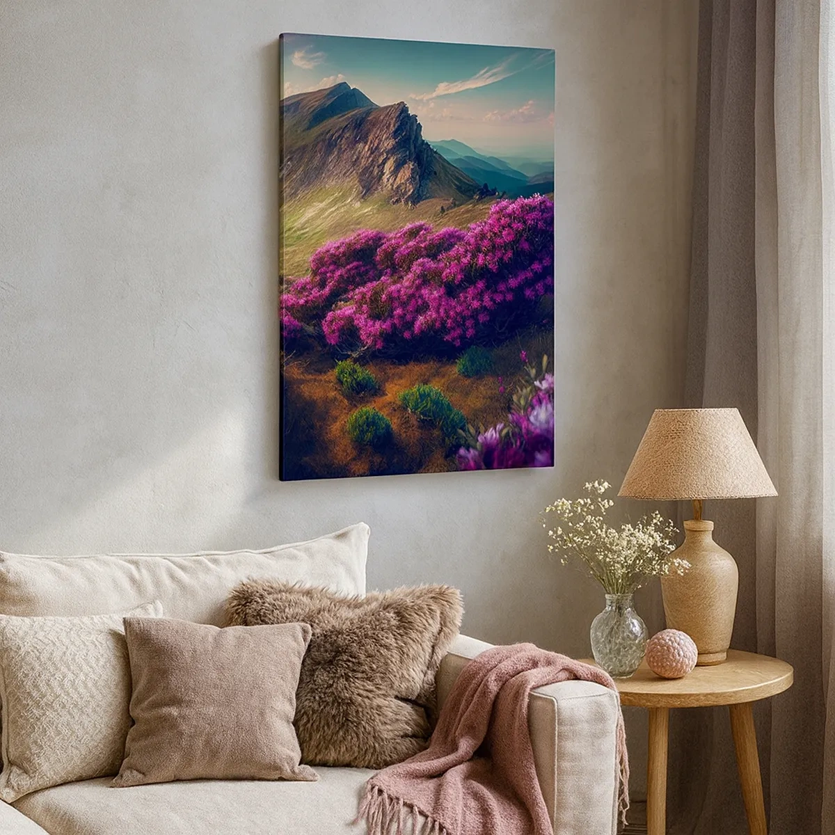 Quadro su tela - Stampe su Tela - Paesaggio montano con rododendri in fiore - 50x70cm - L'estate sui monti - Decorazione murale moderna per soggiorno e camera da letto ARTTOR