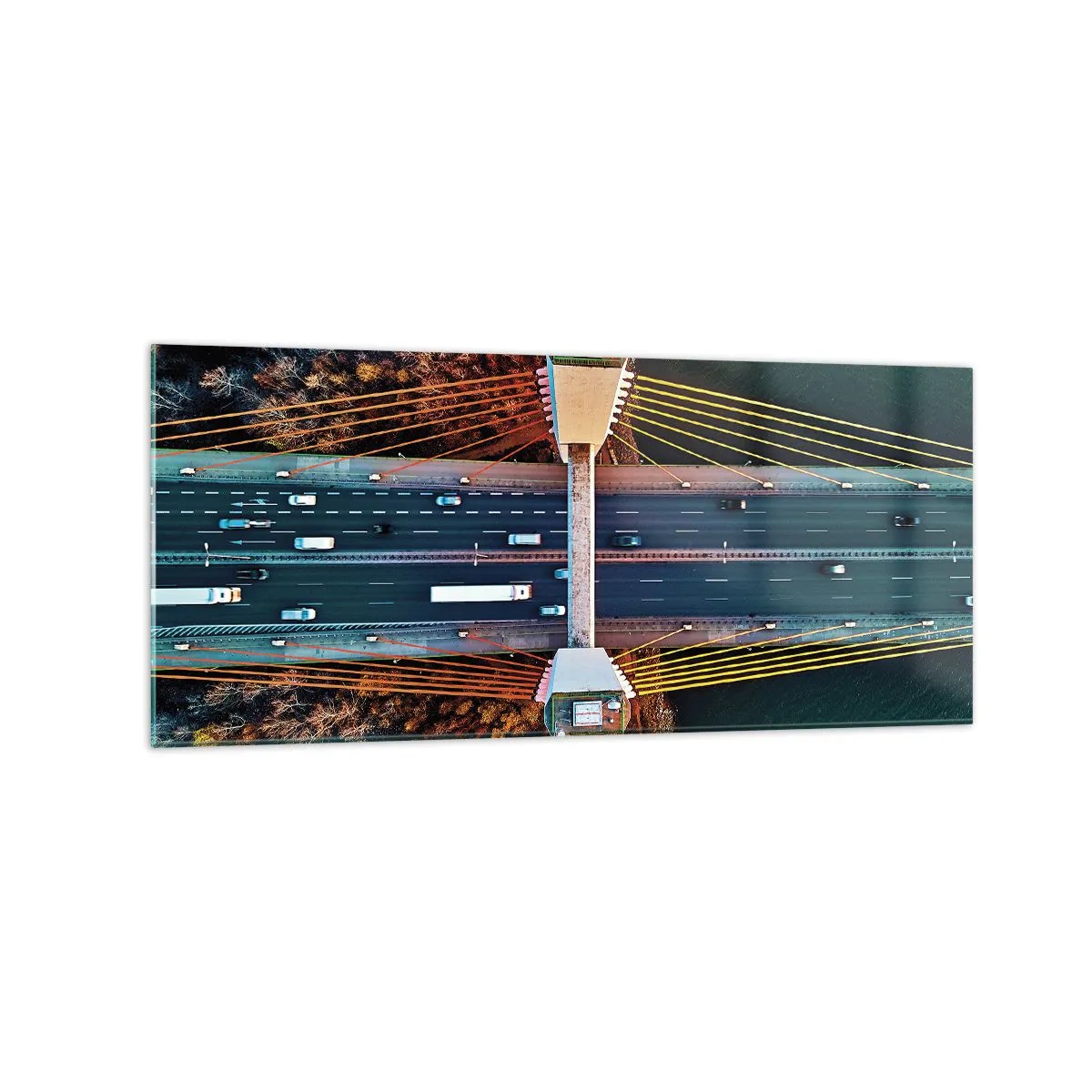 Quadro su vetro - Vista aerea del ponte sul fiume e del paesaggio autunnale - 120x50cm - Oltre il fiume, oltre il bosco - Decorazione murale moderna per soggiorno e camera da letto ARTTOR