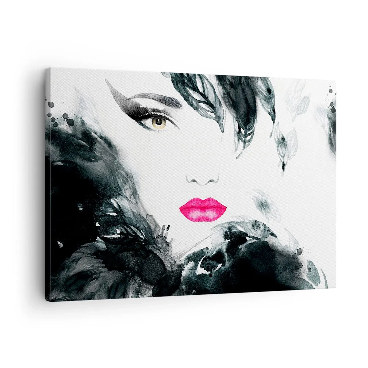 Quadro su tela - Stampe su Tela - Ritratto artistico di una donna con labbra intensamente rosa - 70x50cm - Attenzione! Femme fatale - Decorazione murale moderna per soggiorno e camera da letto ARTTOR