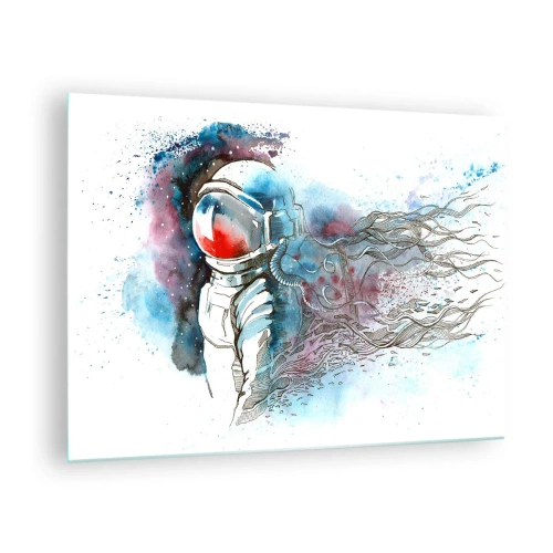 Quadro su vetro - Astronauta in un ambiente spaziale dinamico ad acquerello - 70x50cm - Da solo nel cosmo - Decorazione murale moderna per soggiorno e camera da letto ARTTOR