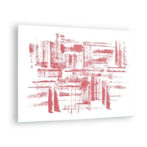 Quadro su vetro - Una composizione astratta in rosso che ricorda il contorno dell'architettura urbana. - 70x50cm - Città rossa - Decorazione murale moderna per soggiorno e camera da letto ARTTOR