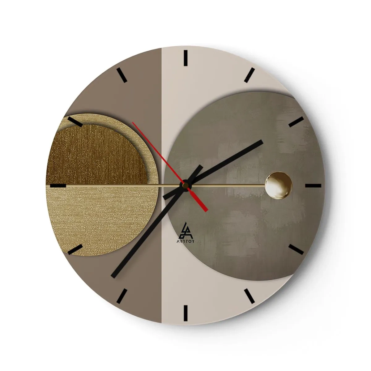 Orologio da parete - Orologio in Vetro - Forme geometriche dorate e beige su uno sfondo contrastante - 30x30cm - Equilibrio perfetto - Decorazione murale moderna per soggiorno, cucina e camera da letto ARTTOR