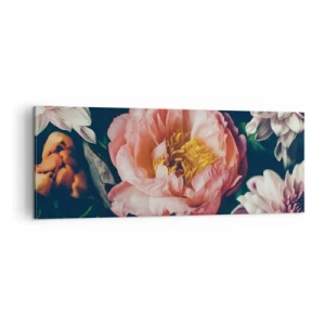 Quadro su tela - Stampe su Tela - Composizione floreale con peonia e crisantemi su sfondo scuro - 140x50cm - Con fasto barocco - Decorazione murale moderna per soggiorno e camera da letto ARTTOR