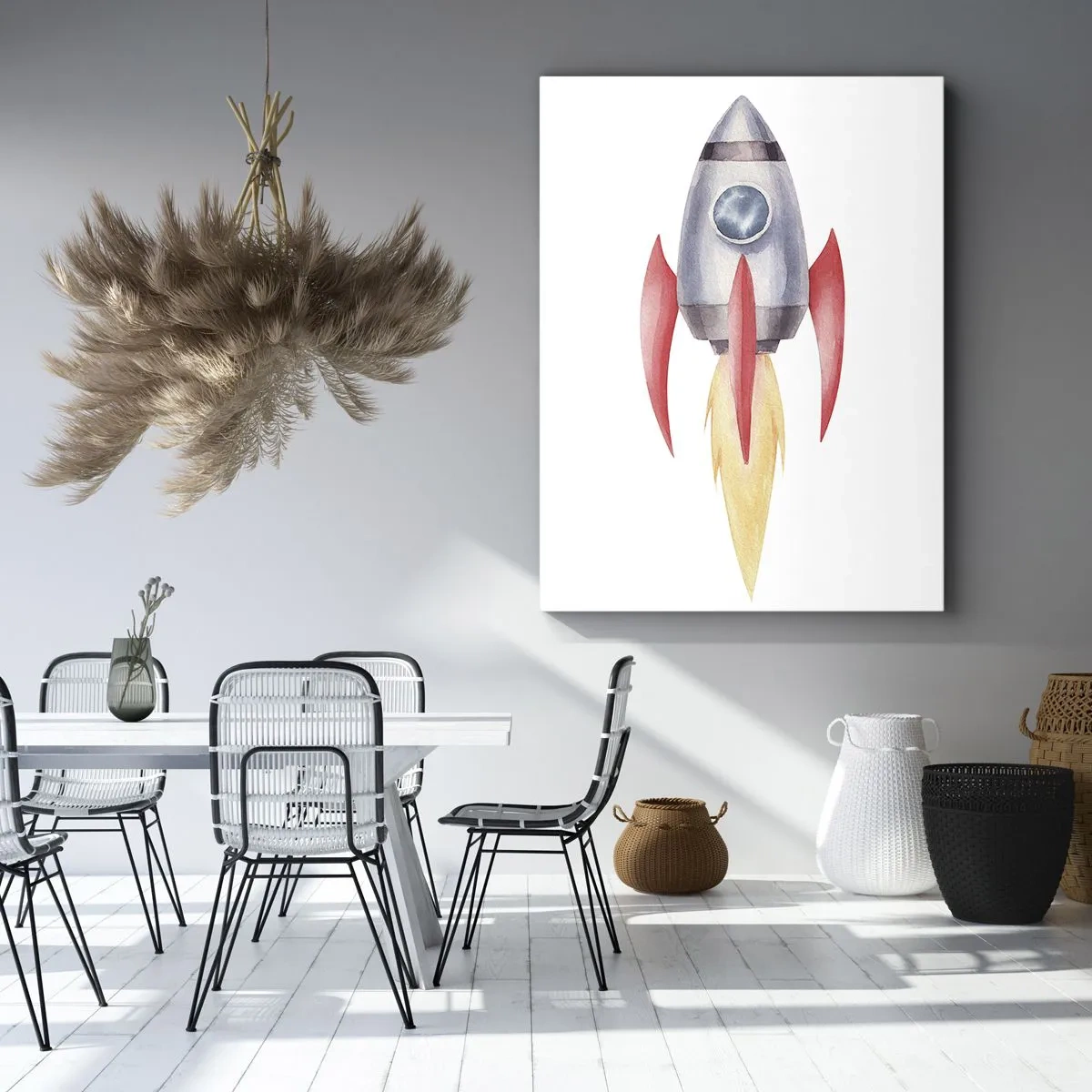 Quadro su tela - Stampe su Tela - Razzo in stile acquerello su sfondo bianco - 50x70cm - Più in alto, più veloce, più lontano - Decorazione murale moderna per soggiorno e camera da letto ARTTOR