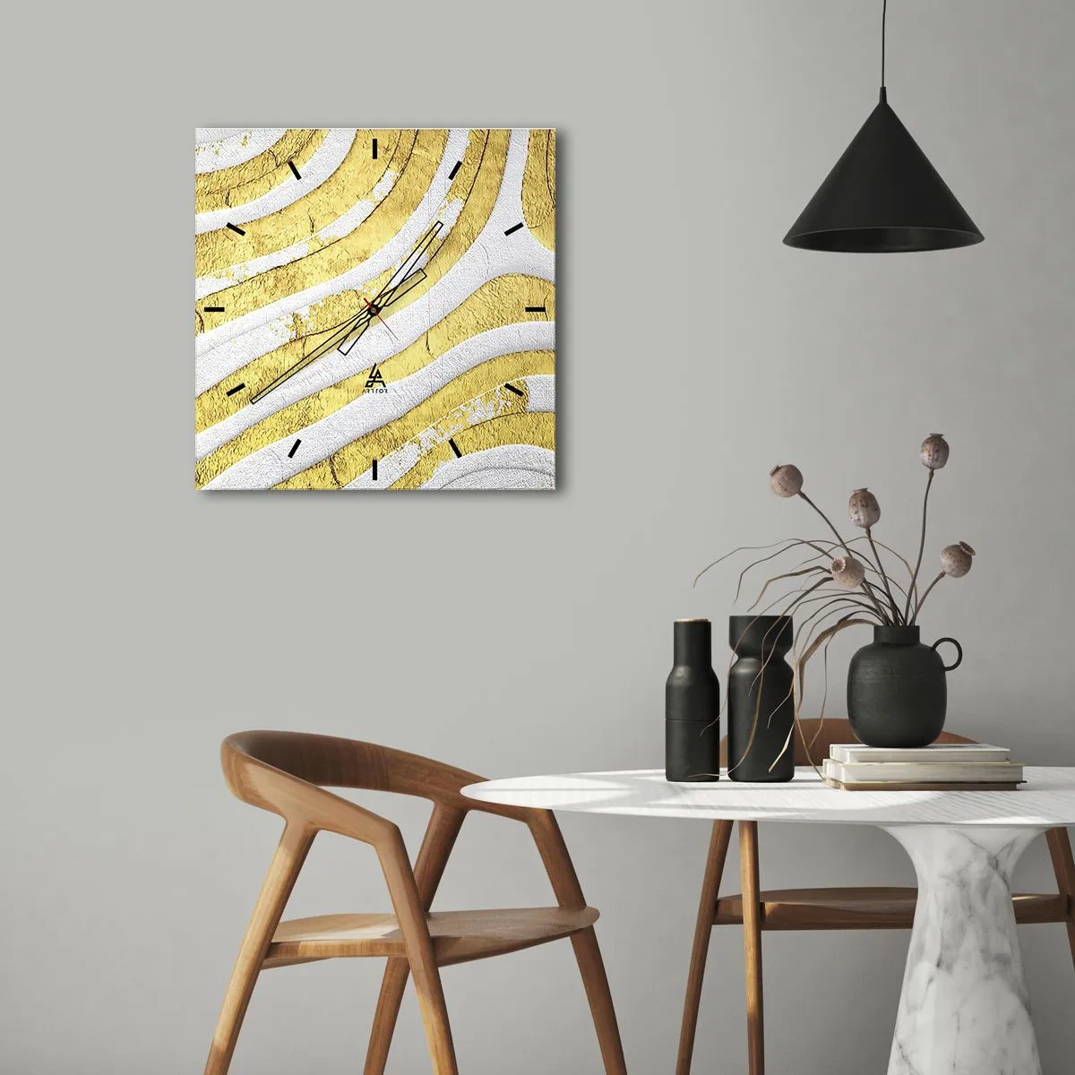 Orologio da parete - Orologio in Vetro - Linee astratte dorate e bianche in una texture 3D - 30x30cm - Composizione in bianco e oro - Decorazione murale moderna per soggiorno e camera da letto ARTTOR